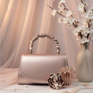 Elegant Satin Clutch Purse in RoseGold & Complimentary Gift (Hair Gem & Mirror)